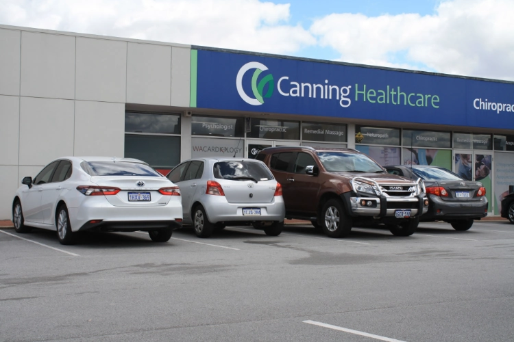 "Carpark area of Perth Lymphoedema Clinic with several parked cars